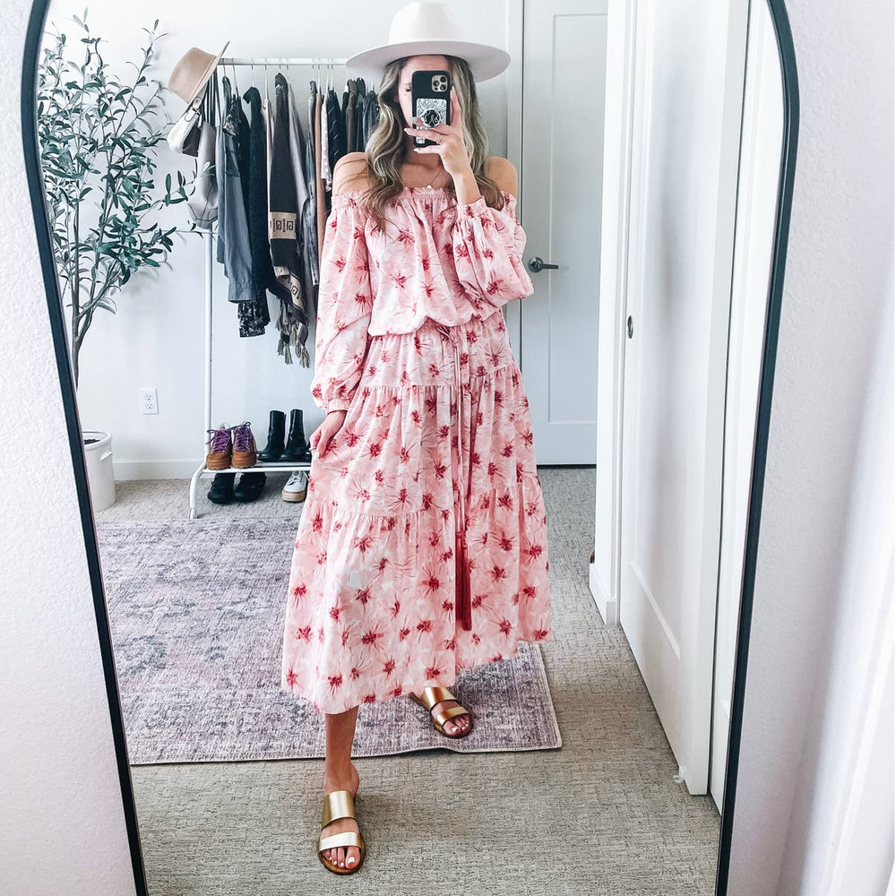ALEXIS Tilia Pink Floral Off the Shoulder Tiered Midi‎ Dress NWT M